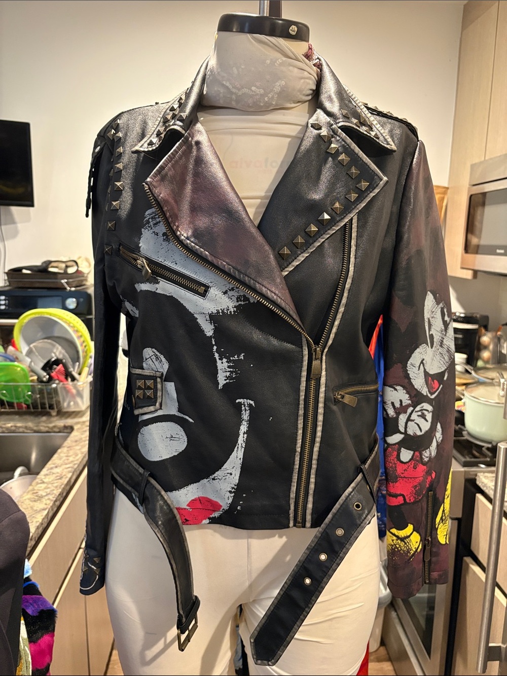 Desigual Black Leather Studded Graphic Biker Jacket